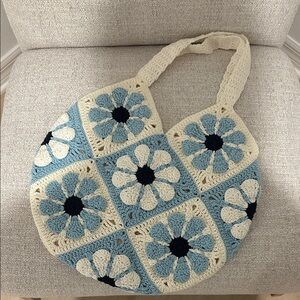 Handmade Crochet Floral Tote Bag - Blue and Cream